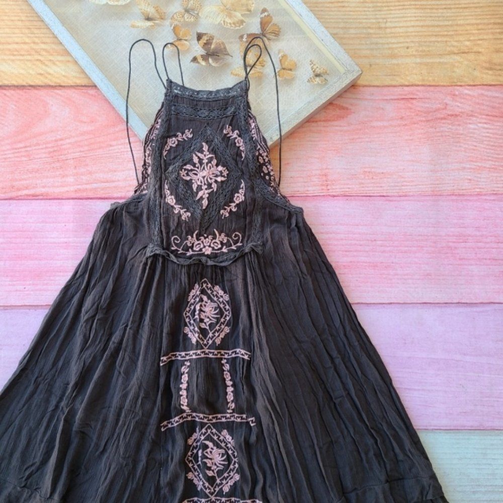Free People Diamond In The Sky Floral Embroidered Strappy Boho Midi Dress XS‎ - Picture 7 of 10